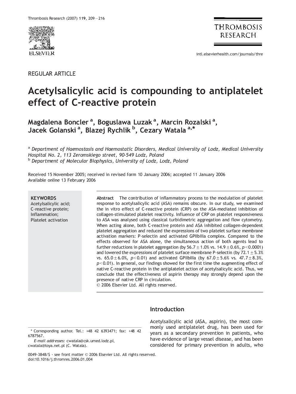 Acetylsalicylic acid is compounding to antiplatelet effect of C-reactive protein