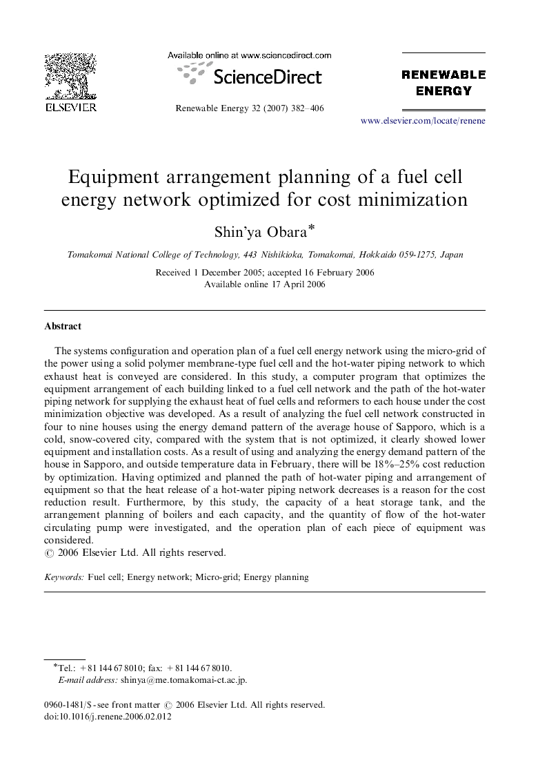 عکس صفحه اول مقاله: Equipment arrangement planning of a fuel cell energy network optimized for cost minimization Equipment arrangement planning of a fuel cell energy network optimized for cost minimization