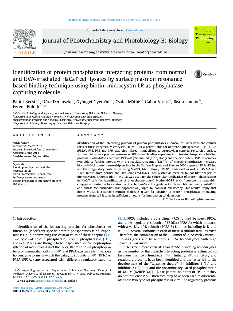 Identification of protein phosphatase interacting proteins from normal and UVA-irradiated HaCaT cell lysates by surface plasmon resonance based binding technique using biotin–microcystin-LR as phosphatase capturing molecule