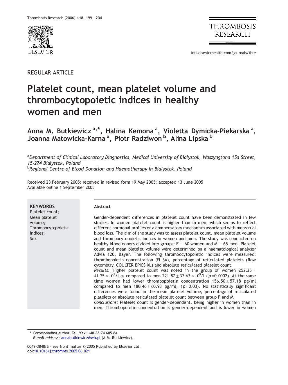 Platelet count, mean platelet volume and thrombocytopoietic indices in healthy women and men