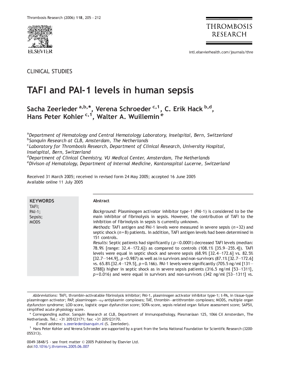 TAFI and PAI-1 levels in human sepsis