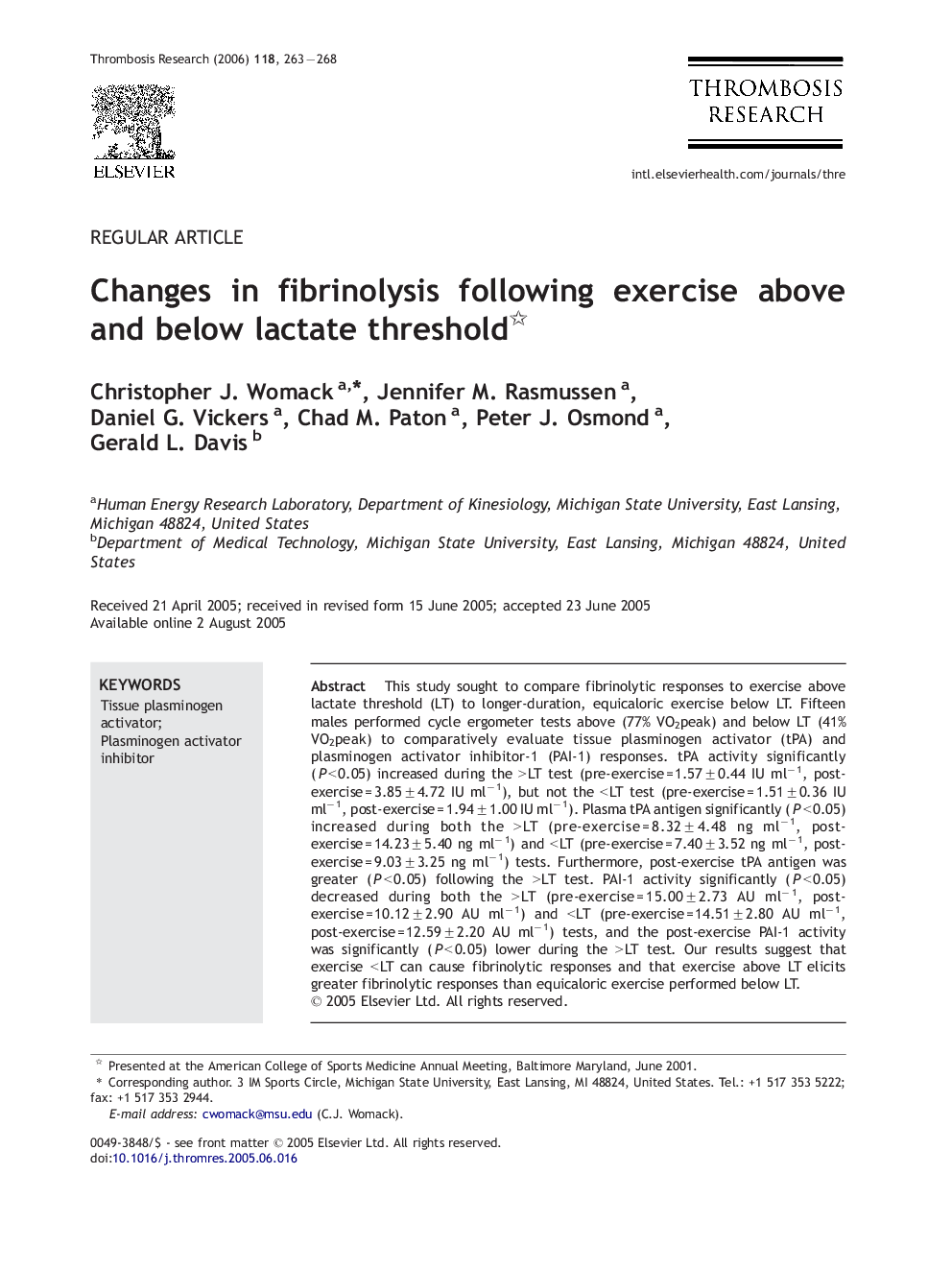 Changes in fibrinolysis following exercise above and below lactate threshold 