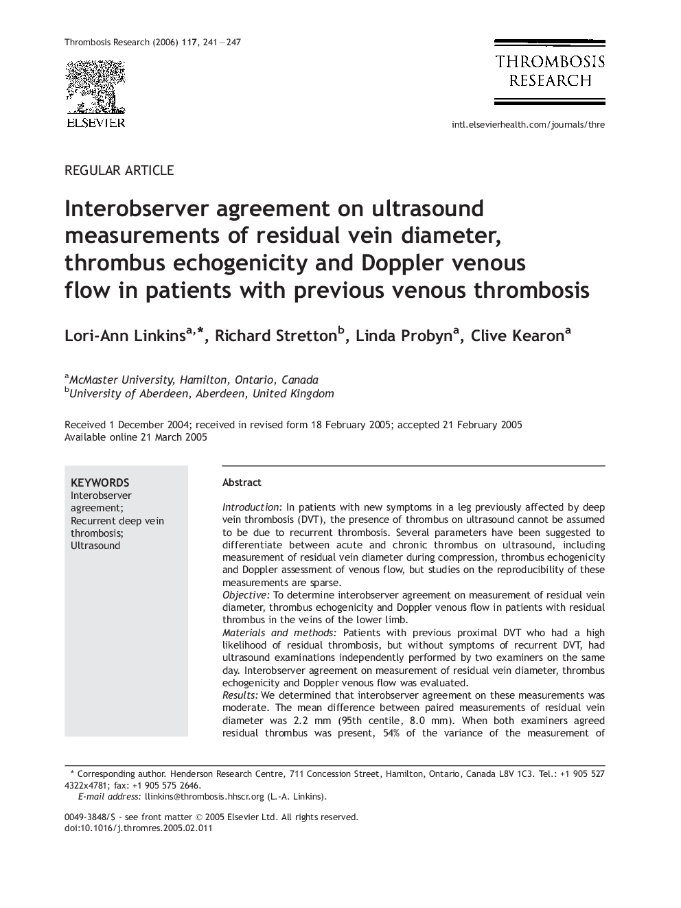 Interobserver agreement on ultrasound measurements of residual vein diameter, thrombus echogenicity and Doppler venous flow in patients with previous venous thrombosis