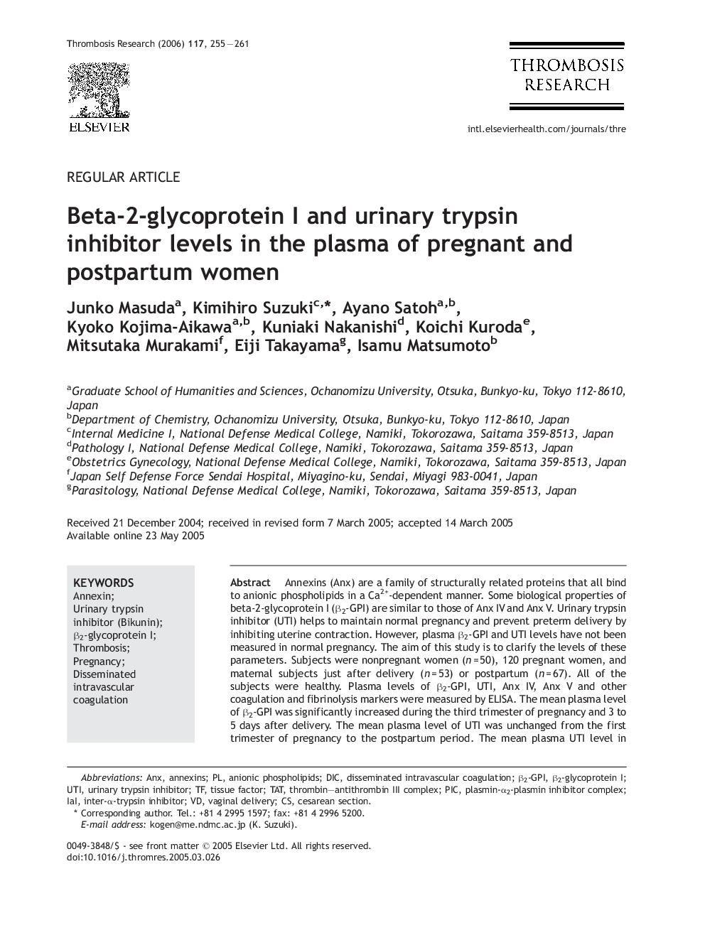 Beta-2-glycoprotein I and urinary trypsin inhibitor levels in the plasma of pregnant and postpartum women