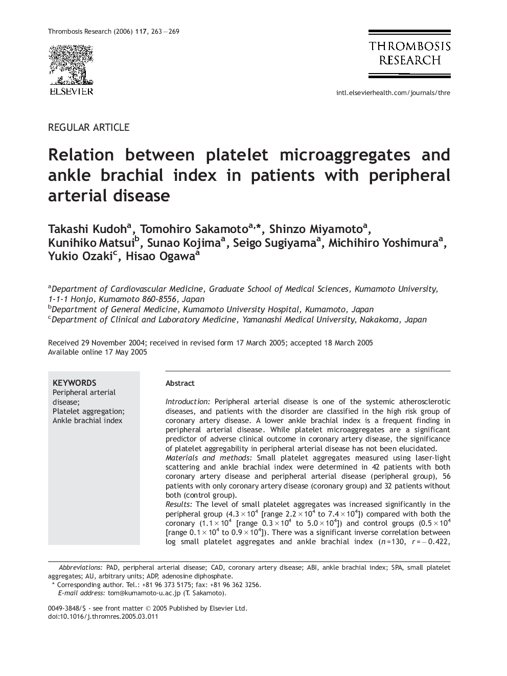 Relation between platelet microaggregates and ankle brachial index in patients with peripheral arterial disease