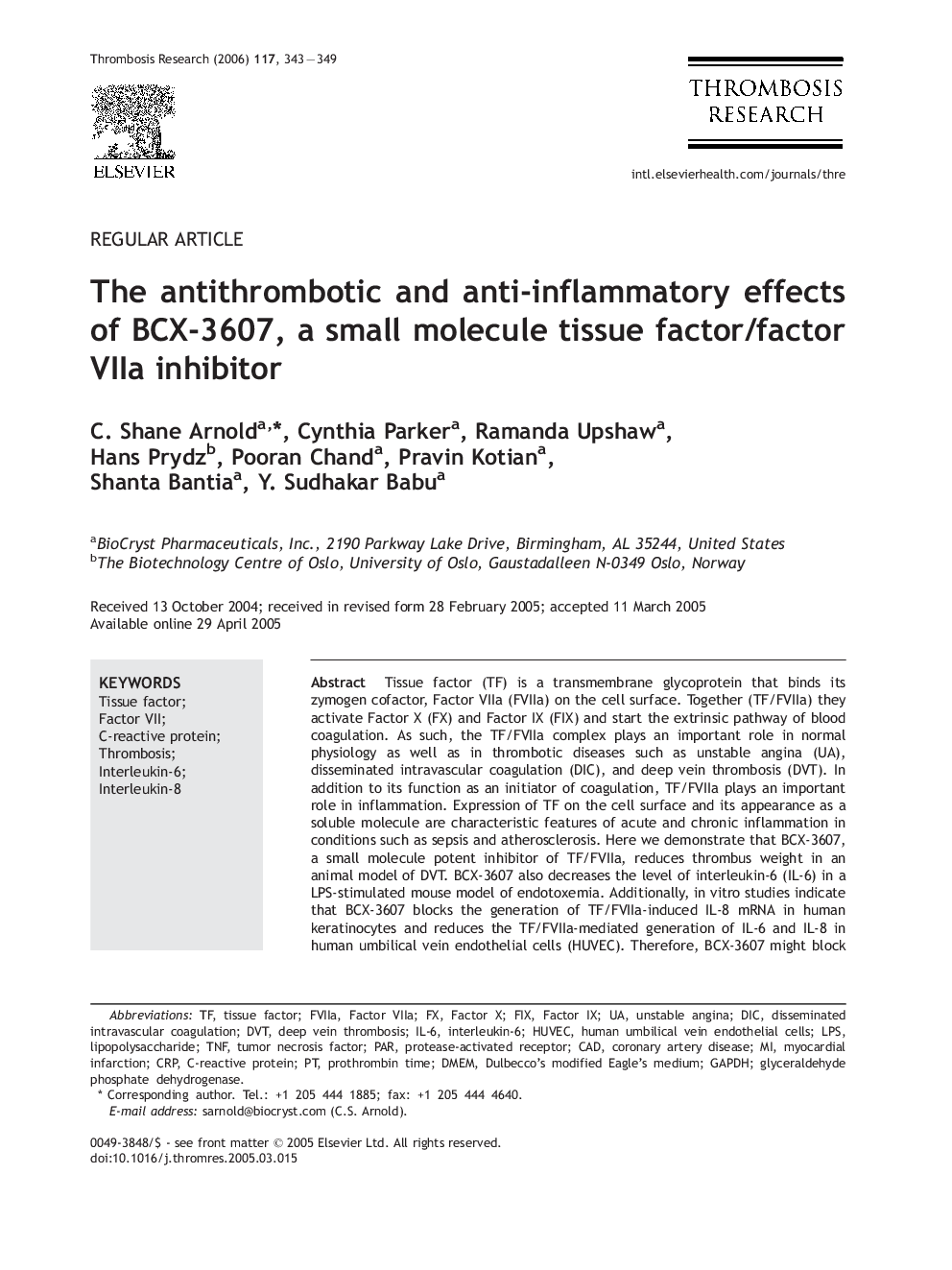 The antithrombotic and anti-inflammatory effects of BCX-3607, a small molecule tissue factor/factor VIIa inhibitor