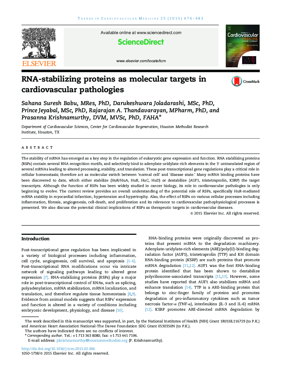 RNA-stabilizing proteins as molecular targets in cardiovascular pathologies 