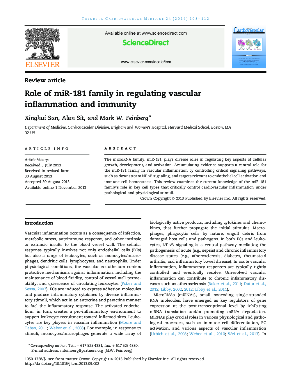Role of miR-181 family in regulating vascular inflammation and immunity