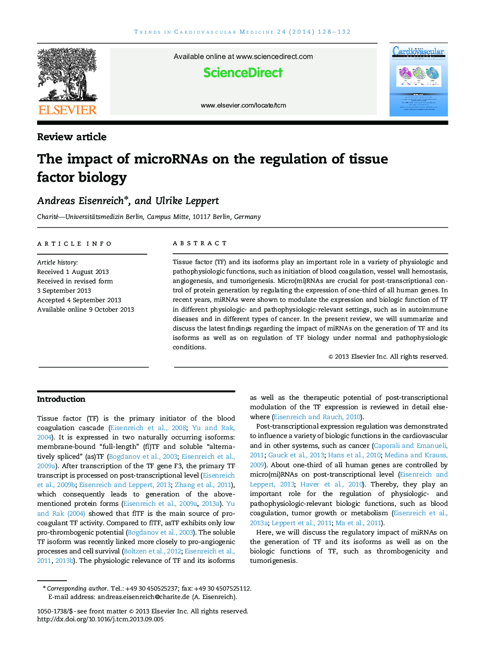 The impact of microRNAs on the regulation of tissue factor biology