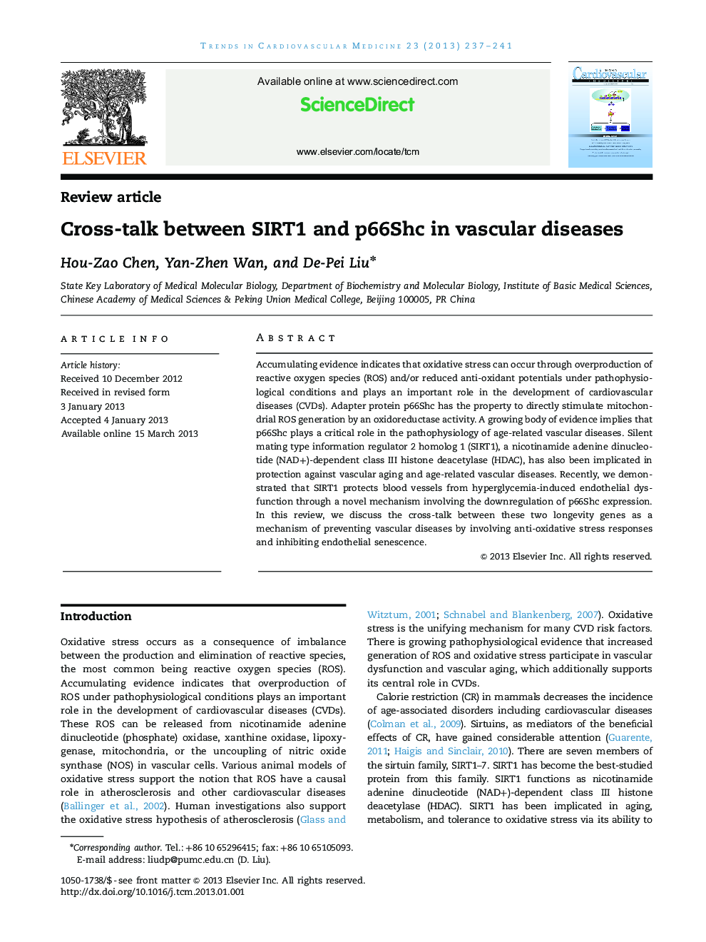 Cross-talk between SIRT1 and p66Shc in vascular diseases