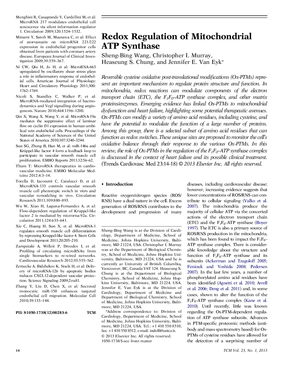 Redox Regulation of Mitochondrial ATP Synthase