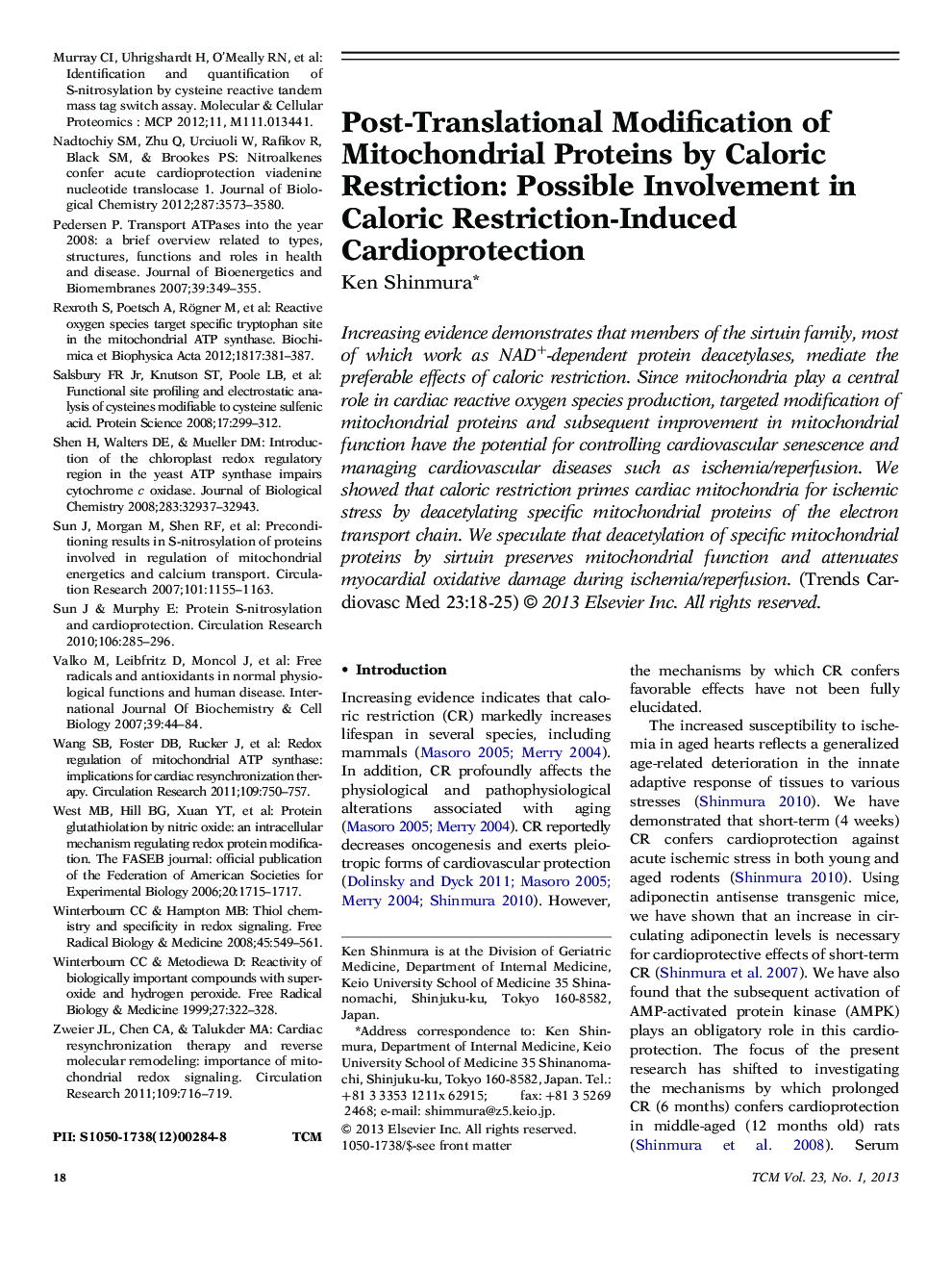 Post-Translational Modification of Mitochondrial Proteins by Caloric Restriction: Possible Involvement in Caloric Restriction-Induced Cardioprotection
