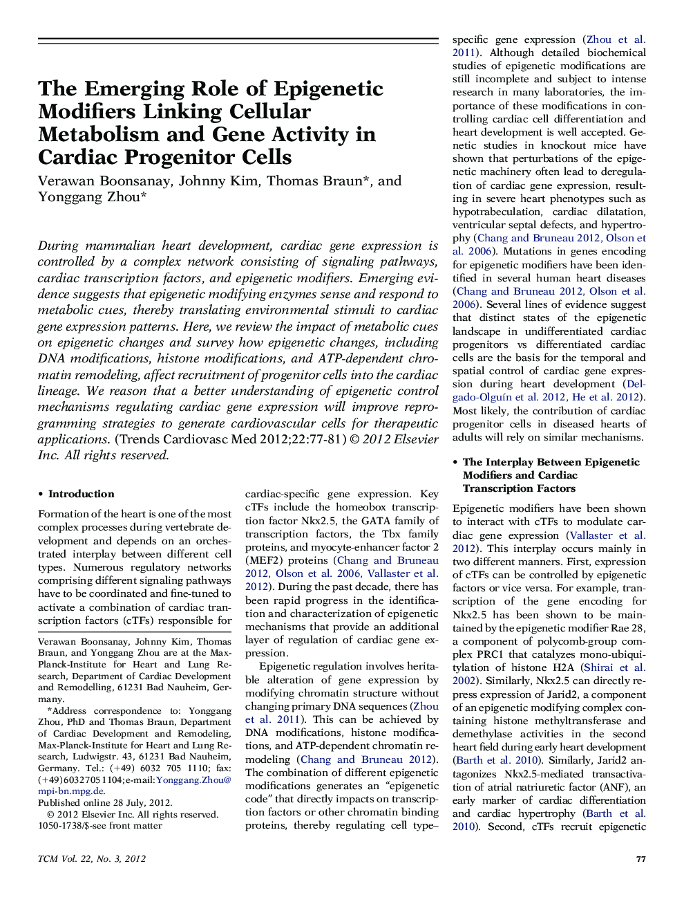 The Emerging Role of Epigenetic Modifiers Linking Cellular Metabolism and Gene Activity in Cardiac Progenitor Cells 