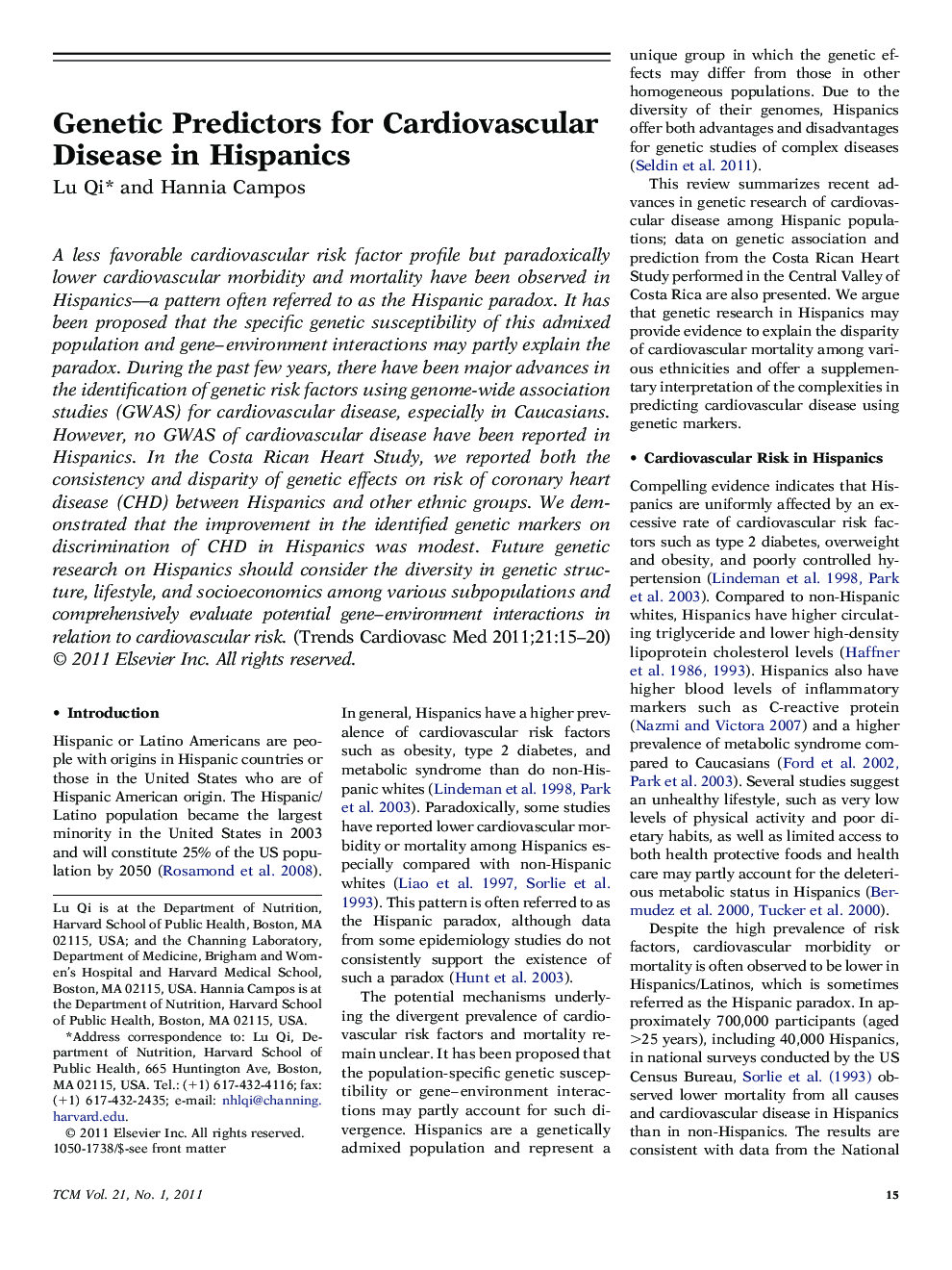 Genetic Predictors for Cardiovascular Disease in Hispanics