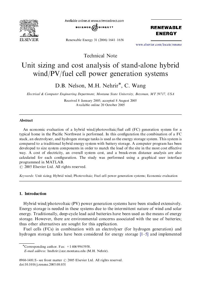 عکس صفحه اول مقاله: Unit sizing and cost analysis of stand-alone hybrid wind/PV/fuel cell power generation systems Unit sizing and cost analysis of stand-alone hybrid wind/PV/fuel cell power generation systems