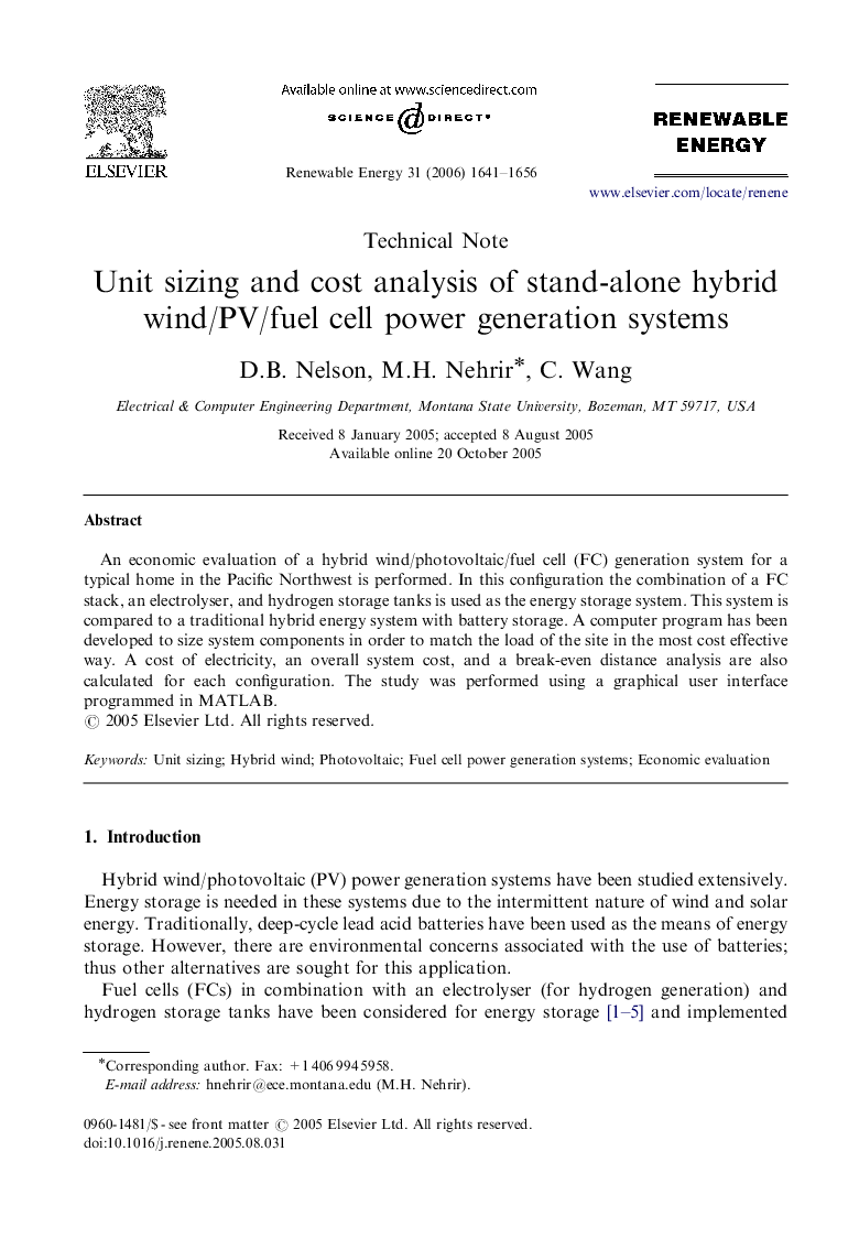 Unit sizing and cost analysis of stand-alone hybrid wind/PV/fuel cell power generation systems