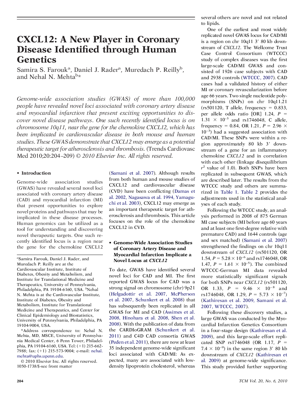 CXCL12: A New Player in Coronary Disease Identified through Human Genetics