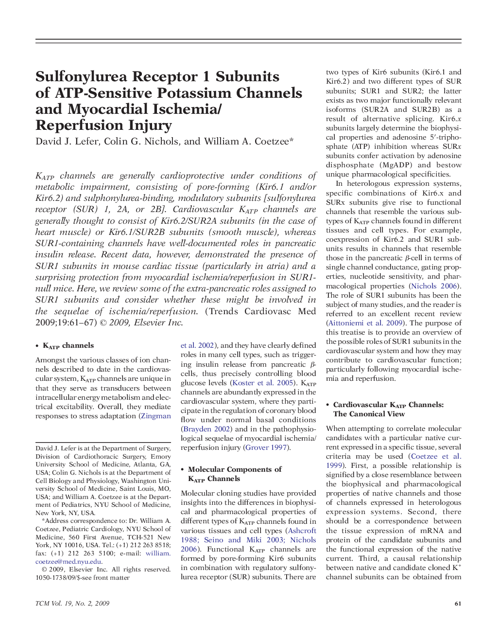 Sulfonylurea Receptor 1 Subunits of ATP-Sensitive Potassium Channels and Myocardial Ischemia/Reperfusion Injury