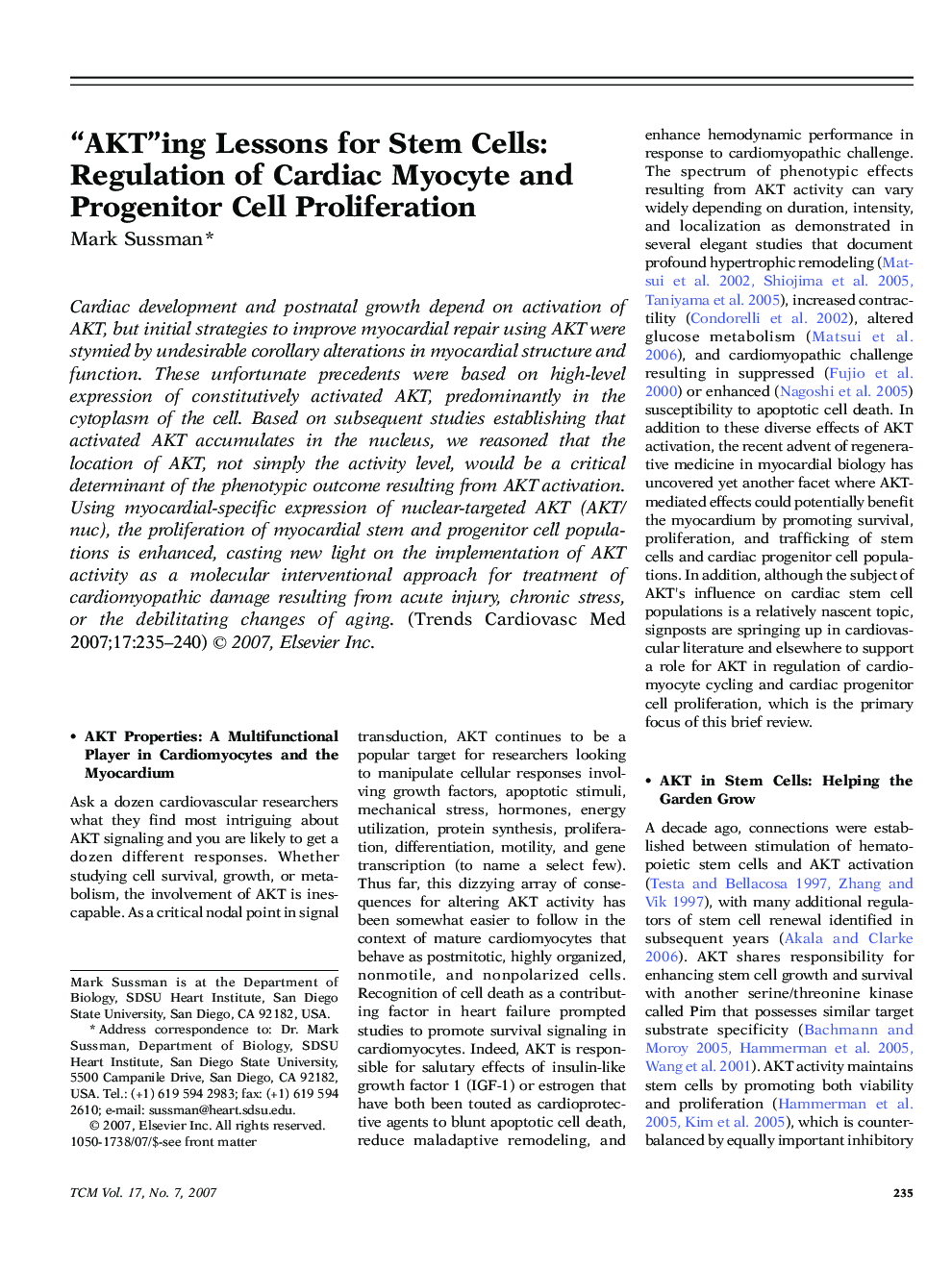 “AKT”ing Lessons for Stem Cells: Regulation of Cardiac Myocyte and Progenitor Cell Proliferation