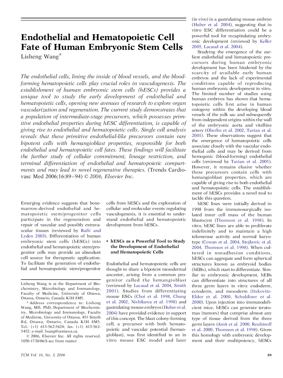 Endothelial and Hematopoietic Cell Fate of Human Embryonic Stem Cells