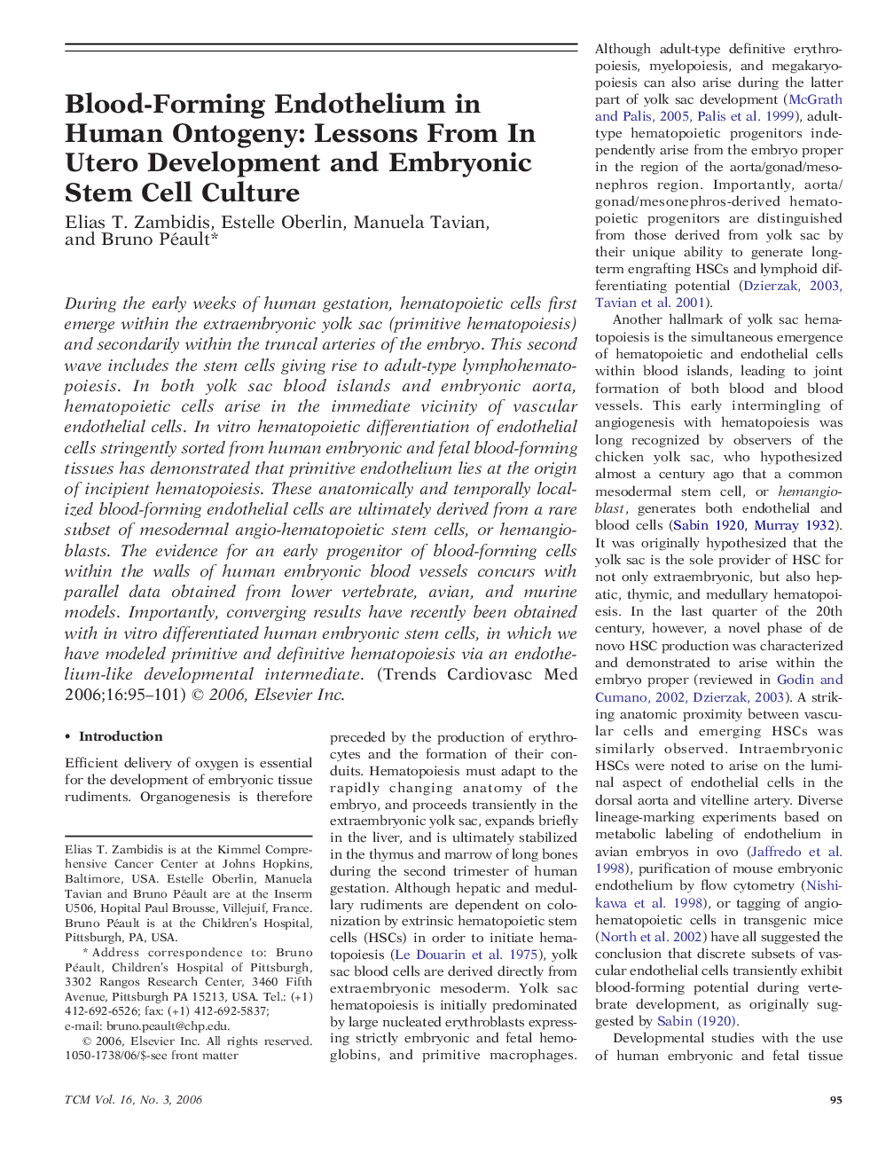 Blood-Forming Endothelium in Human Ontogeny: Lessons From In Utero Development and Embryonic Stem Cell Culture