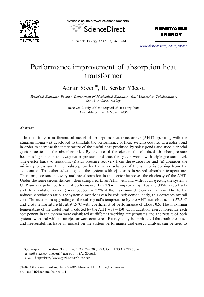 عکس صفحه اول مقاله: Performance improvement of absorption heat transformer Performance improvement of absorption heat transformer