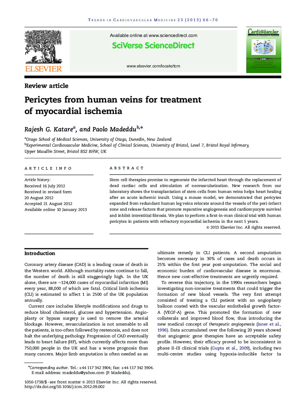 Pericytes from human veins for treatment of myocardial ischemia