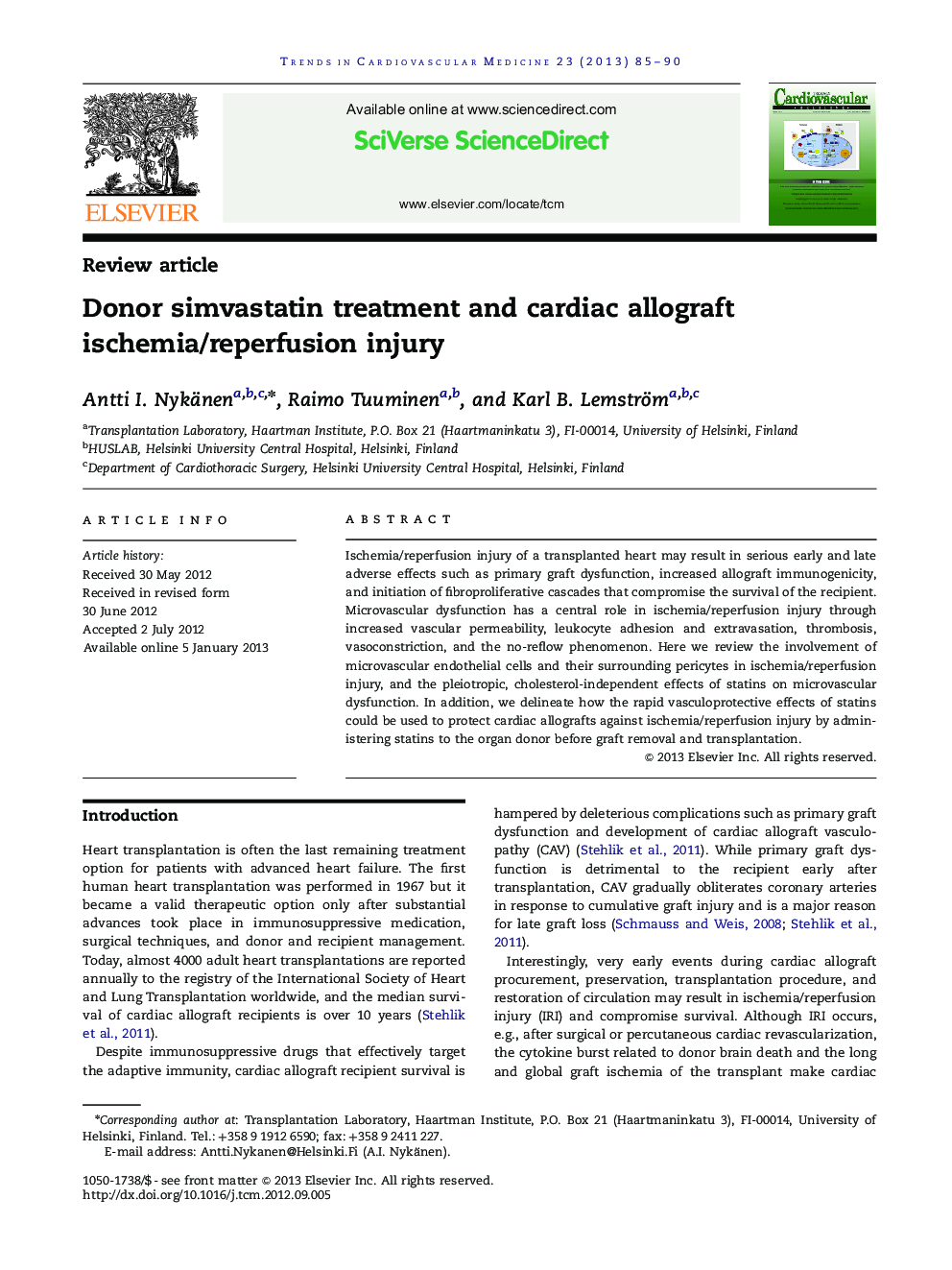 Donor simvastatin treatment and cardiac allograft ischemia/reperfusion injury