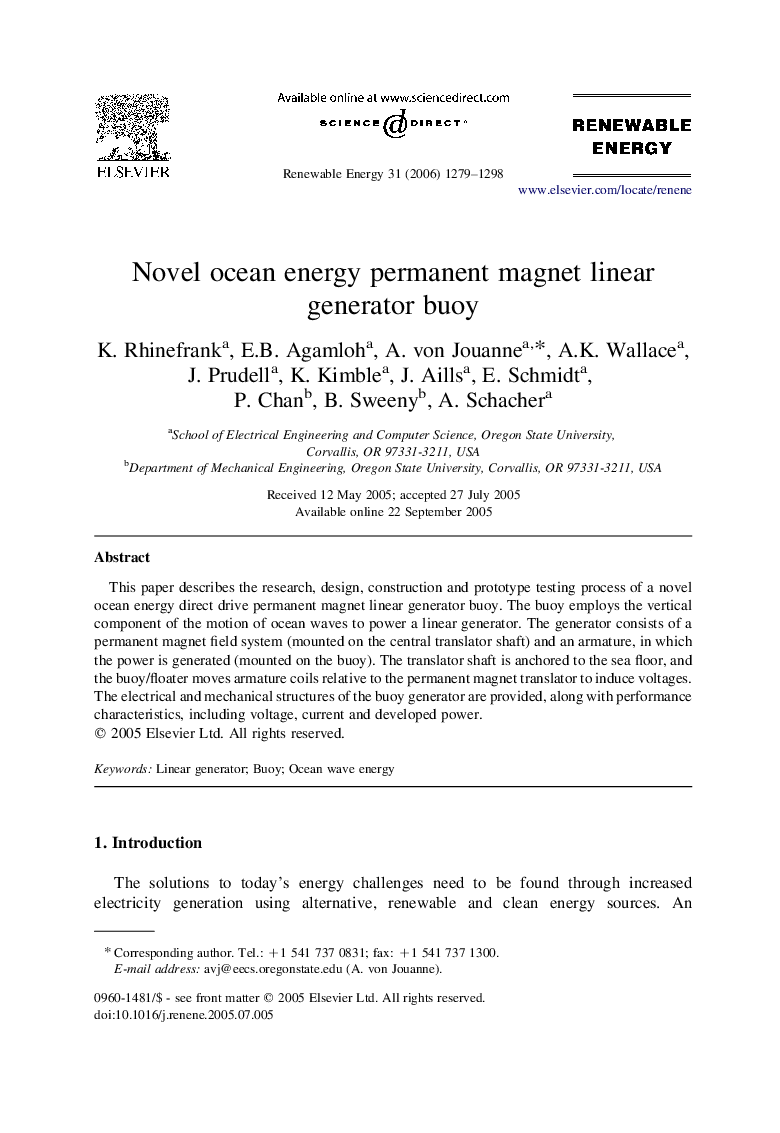 Novel ocean energy permanent magnet linear generator buoy