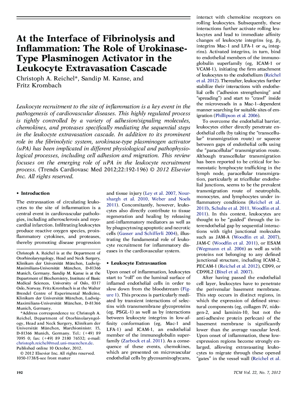 At the Interface of Fibrinolysis and Inflammation: The Role of Urokinase-Type Plasminogen Activator in the Leukocyte Extravasation Cascade 