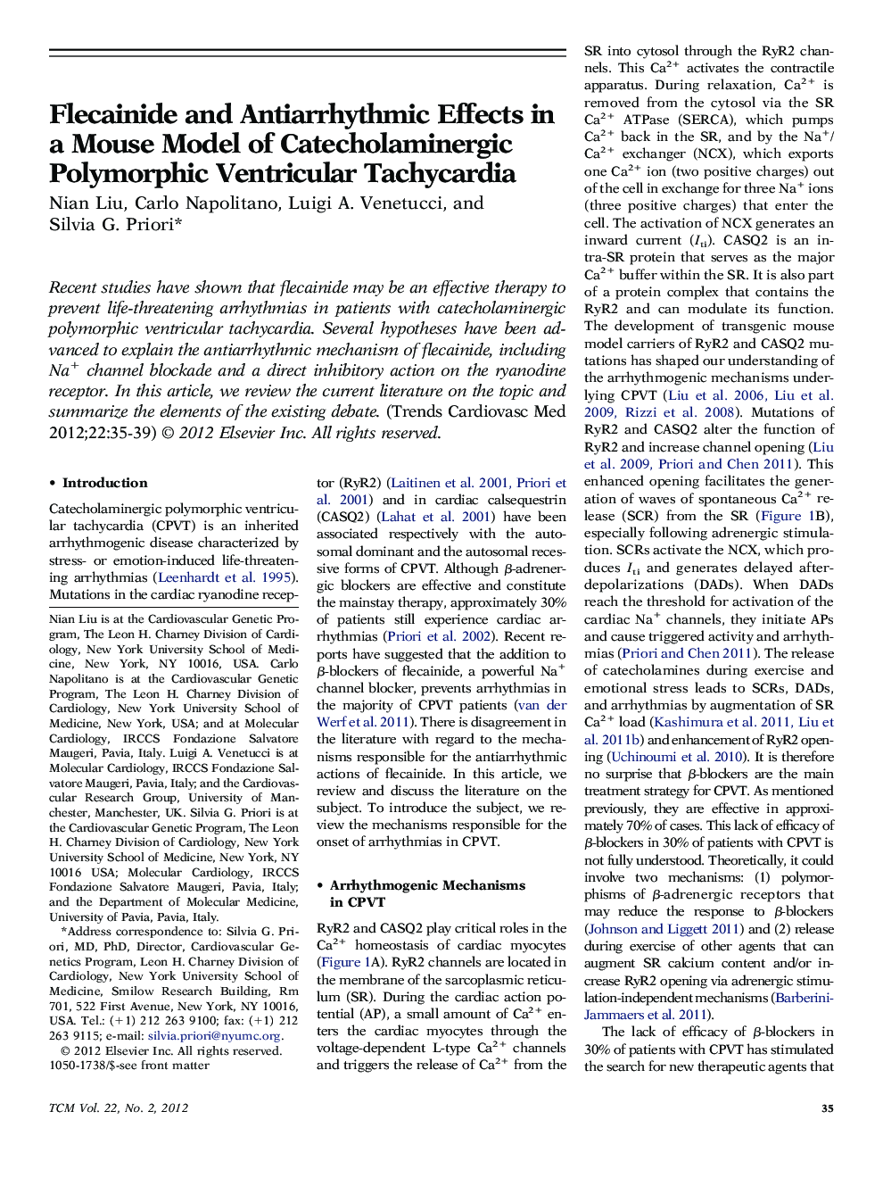 Flecainide and Antiarrhythmic Effects in a Mouse Model of Catecholaminergic Polymorphic Ventricular Tachycardia