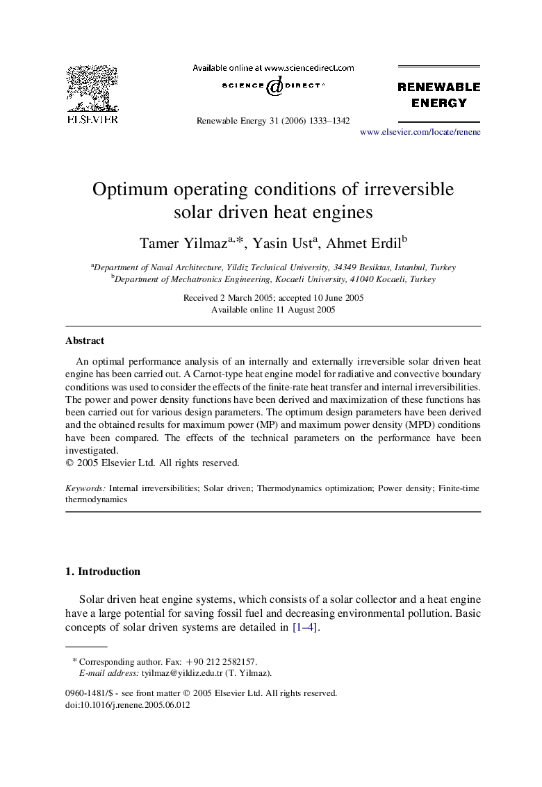 عکس صفحه اول مقاله: Optimum operating conditions of irreversible solar driven heat engines Optimum operating conditions of irreversible solar driven heat engines