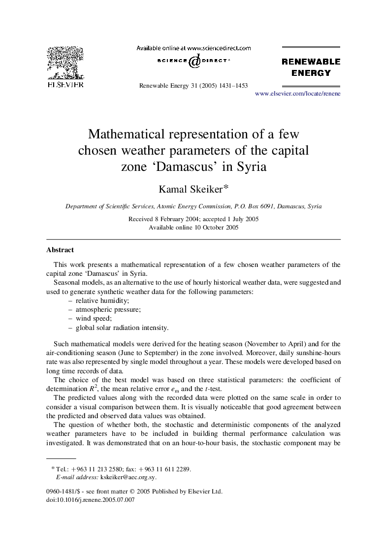 Mathematical representation of a few chosen weather parameters of the capital zone ‘Damascus’ in Syria