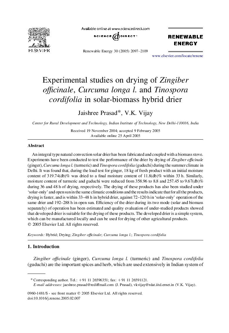 عکس صفحه اول مقاله: Experimental studies on drying of Zingiber officinale, Curcuma longa l. and Tinospora cordifolia in solar-biomass hybrid drier Experimental studies on drying of Zingiber officinale, Curcuma longa l. and Tinospora cordifolia in solar-biomass hybrid drier