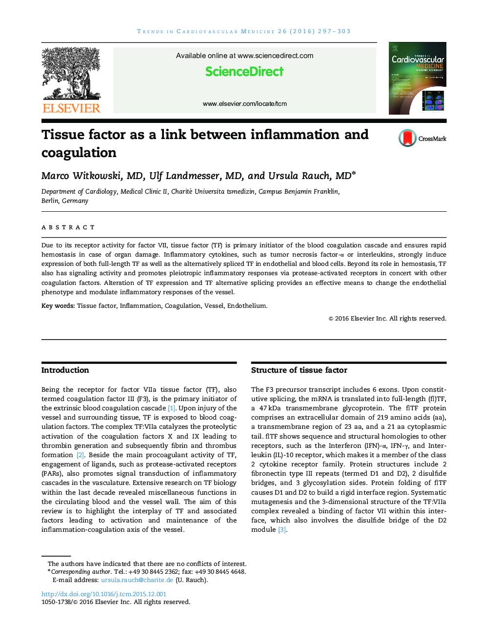 Tissue factor as a link between inflammation and coagulation 