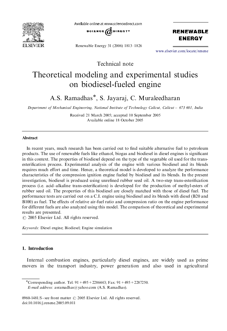 Theoretical modeling and experimental studies on biodiesel-fueled engine