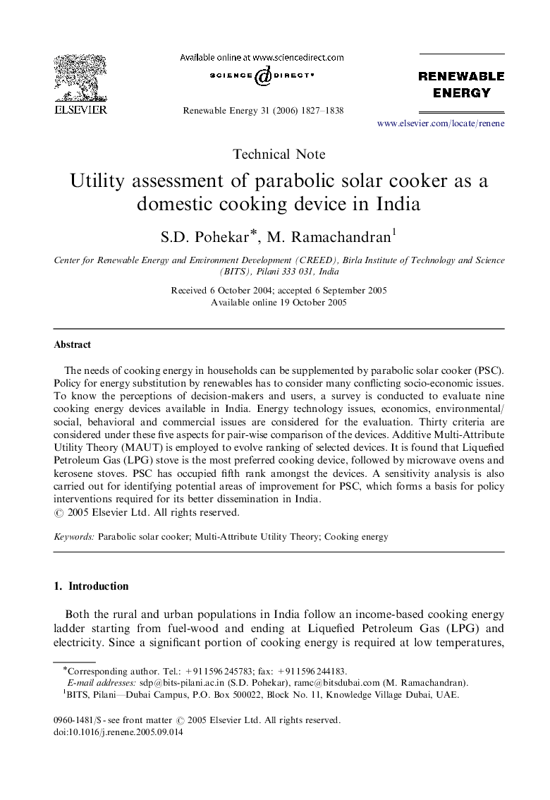 Utility assessment of parabolic solar cooker as a domestic cooking device in India