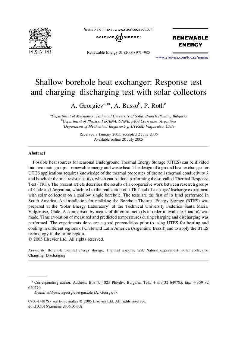 Shallow borehole heat exchanger: Response test and charging–discharging test with solar collectors