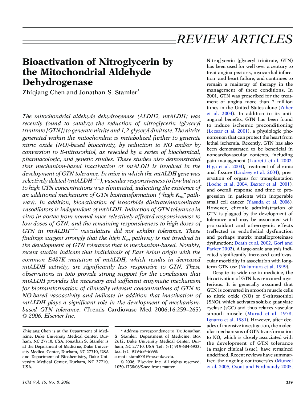 Bioactivation of Nitroglycerin by the Mitochondrial Aldehyde Dehydrogenase