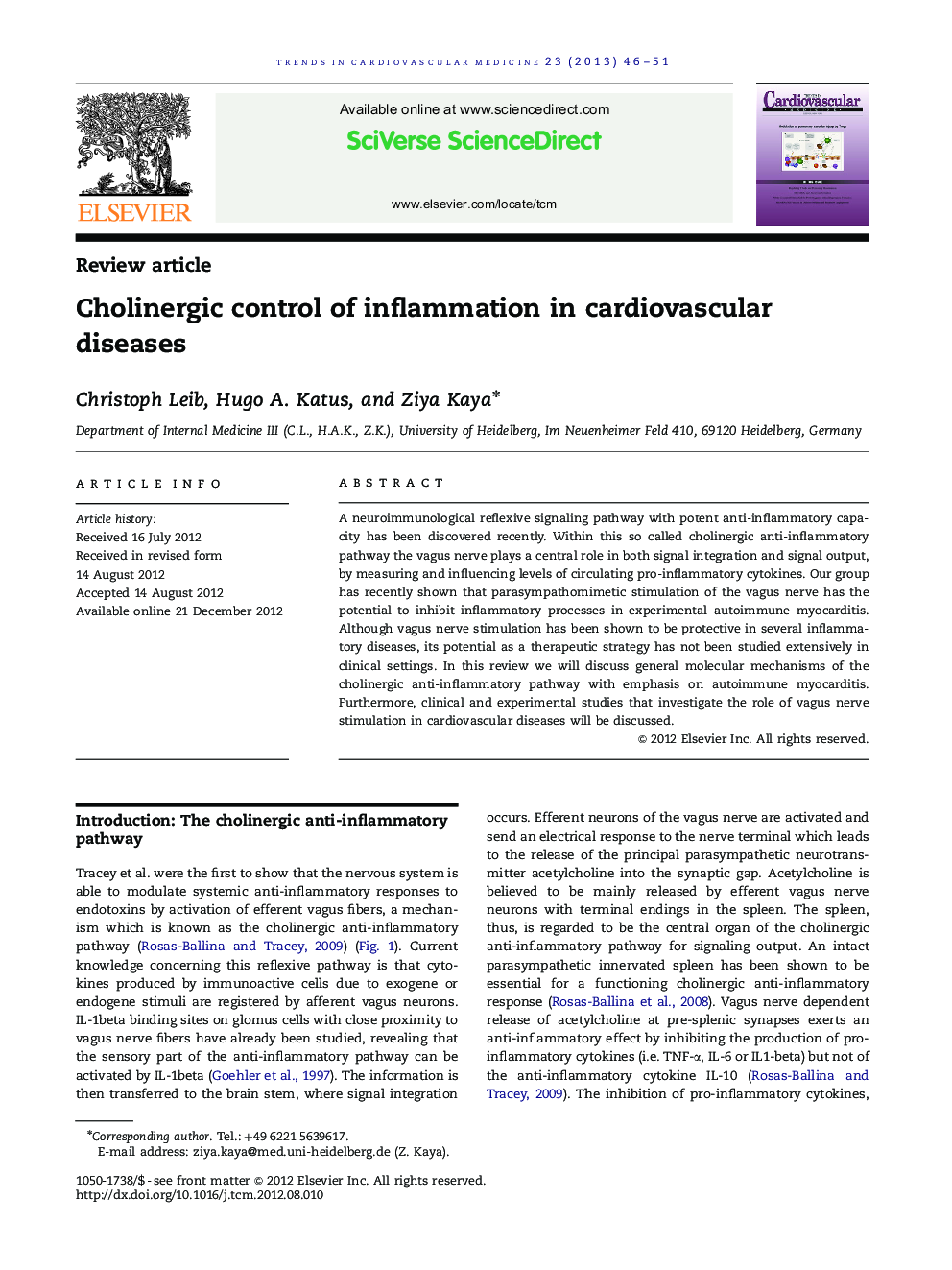Cholinergic control of inflammation in cardiovascular diseases