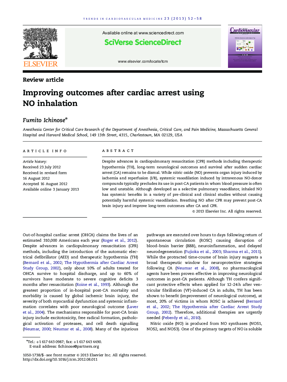 Improving outcomes after cardiac arrest using NO inhalation