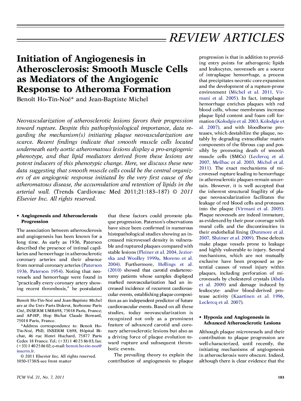 Initiation of Angiogenesis in Atherosclerosis: Smooth Muscle Cells as Mediators of the Angiogenic Response to Atheroma Formation