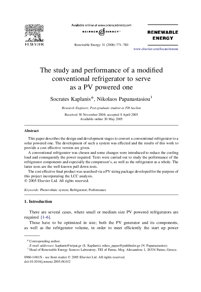 عکس صفحه اول مقاله: The study and performance of a modified conventional refrigerator to serve as a PV powered one The study and performance of a modified conventional refrigerator to serve as a PV powered one
