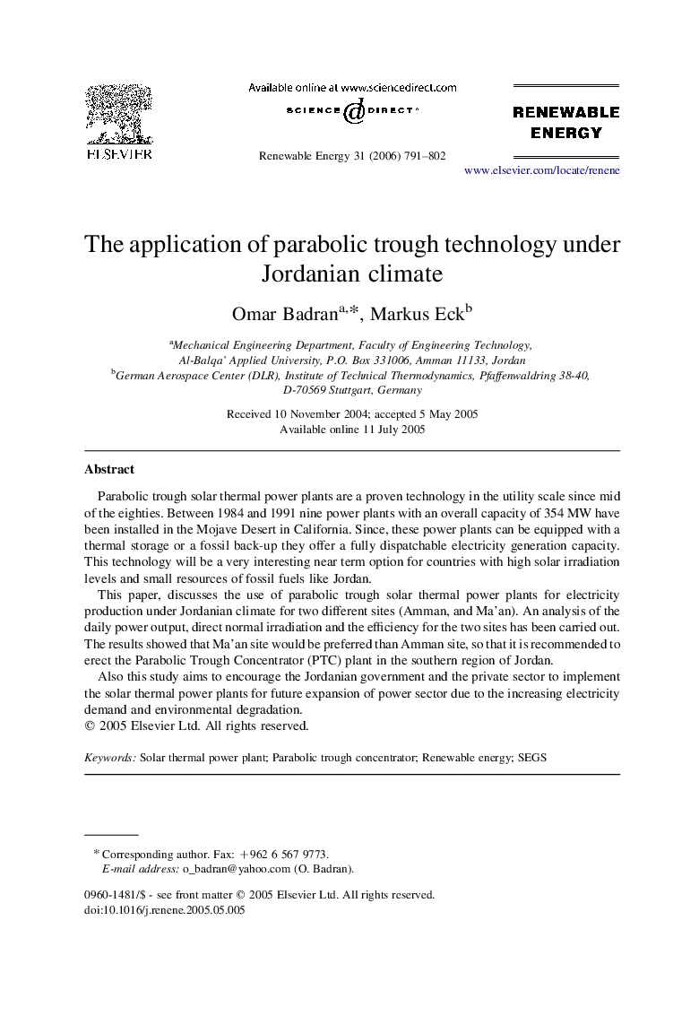 The application of parabolic trough technology under Jordanian climate