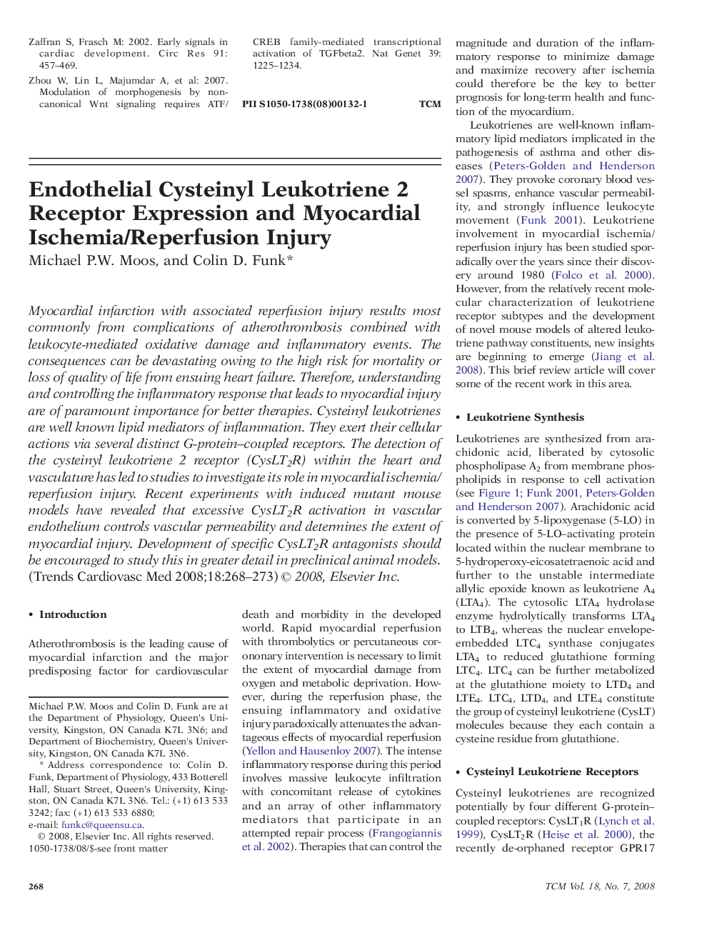 Endothelial Cysteinyl Leukotriene 2 Receptor Expression and Myocardial Ischemia/Reperfusion Injury