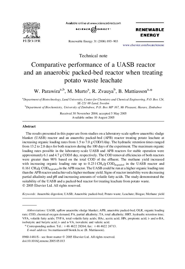 Comparative performance of a UASB reactor and an anaerobic packed-bed reactor when treating potato waste leachate