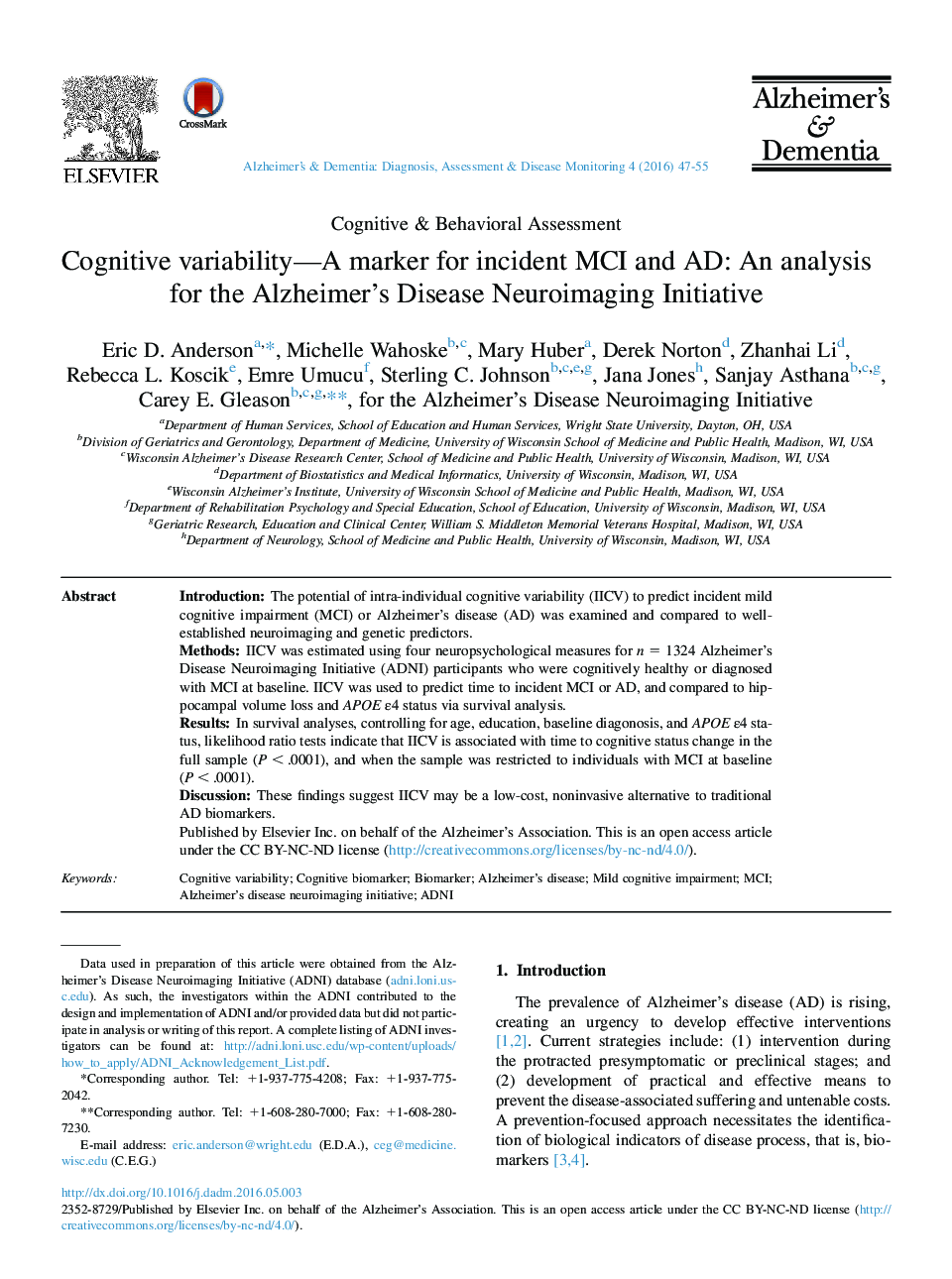 Cognitive variability—A marker for incident MCI and AD: An analysis for the Alzheimer's Disease Neuroimaging Initiative 