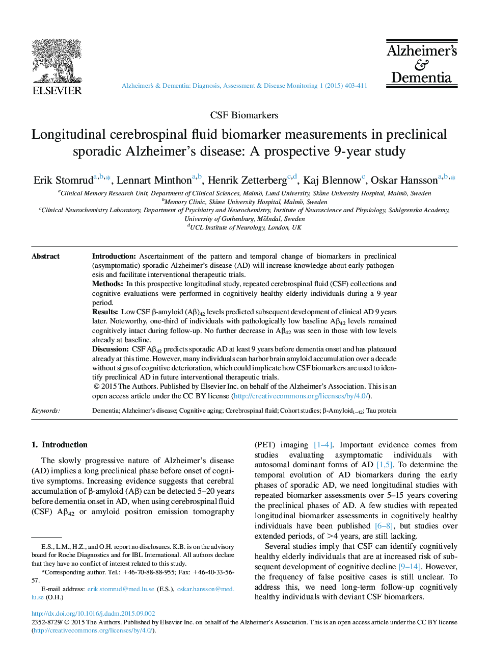 Longitudinal cerebrospinal fluid biomarker measurements in preclinical sporadic Alzheimer's disease: A prospective 9-year study 