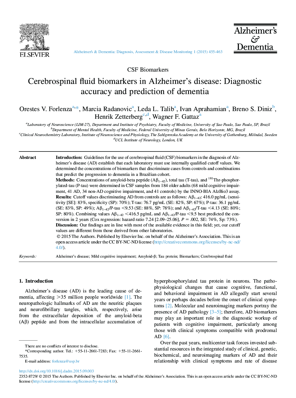 Cerebrospinal fluid biomarkers in Alzheimer's disease: Diagnostic accuracy and prediction of dementia 