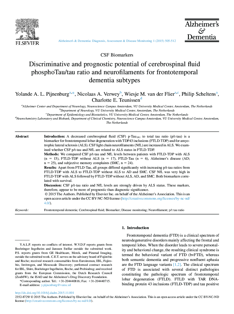Discriminative and prognostic potential of cerebrospinal fluid phosphoTau/tau ratio and neurofilaments for frontotemporal dementia subtypes 